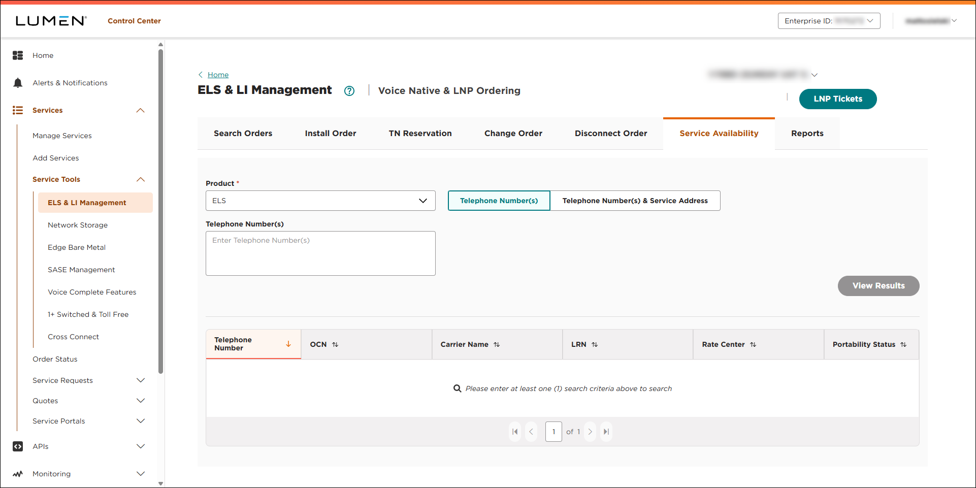 ELS & LI Management (showing Service Availability tab and ELS selected)