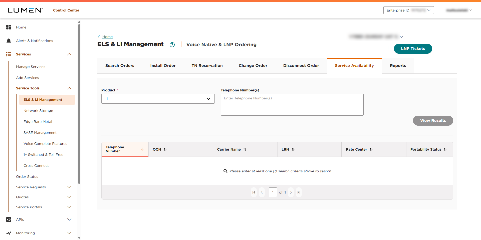 ELS & LI Management (showing Service Availability tab and LI selected)