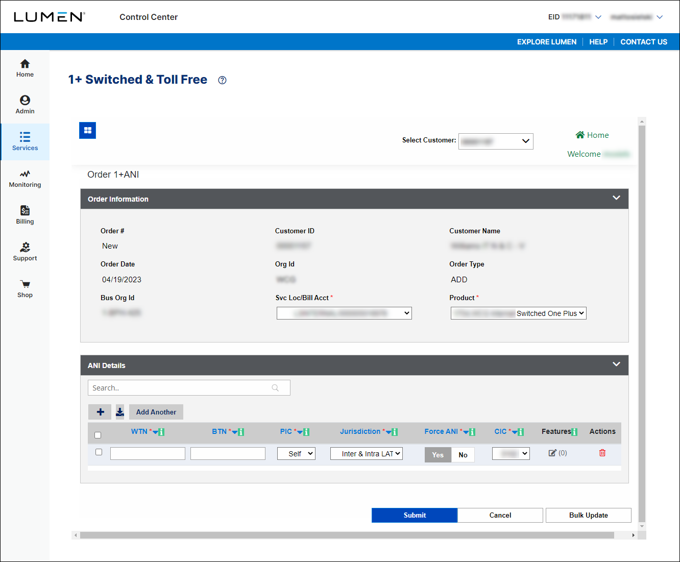 1+ Switched and Toll Free (Order 1+ ANI showing service location selected)