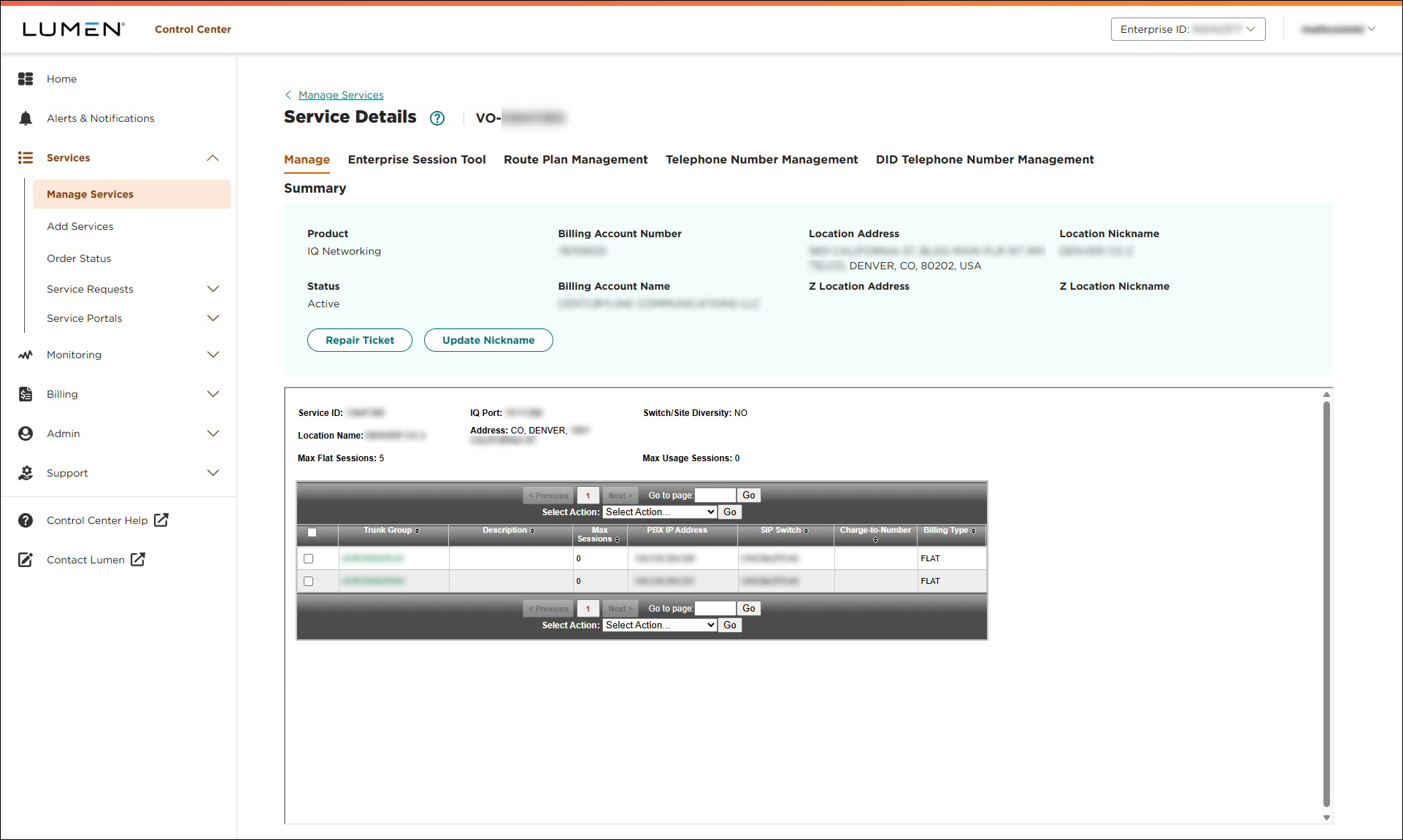 Service Details for SIP Trunking service (showing Manage tab)