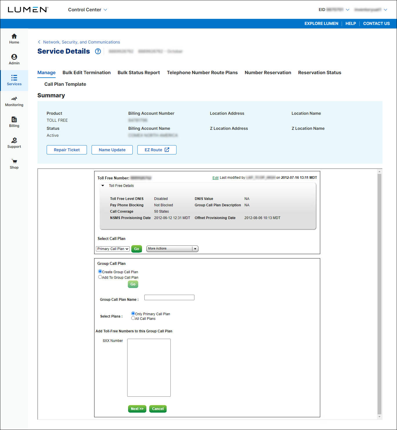 Service Details for Toll Free Service (showing group call plan)