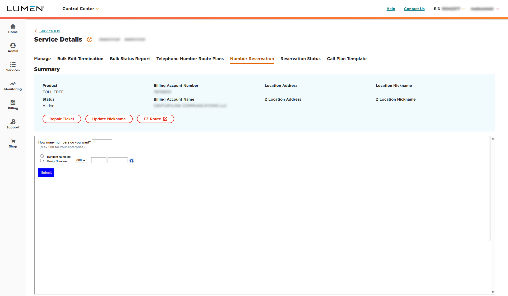 Service Details for Toll Free Service (showing Number Reservation tab)