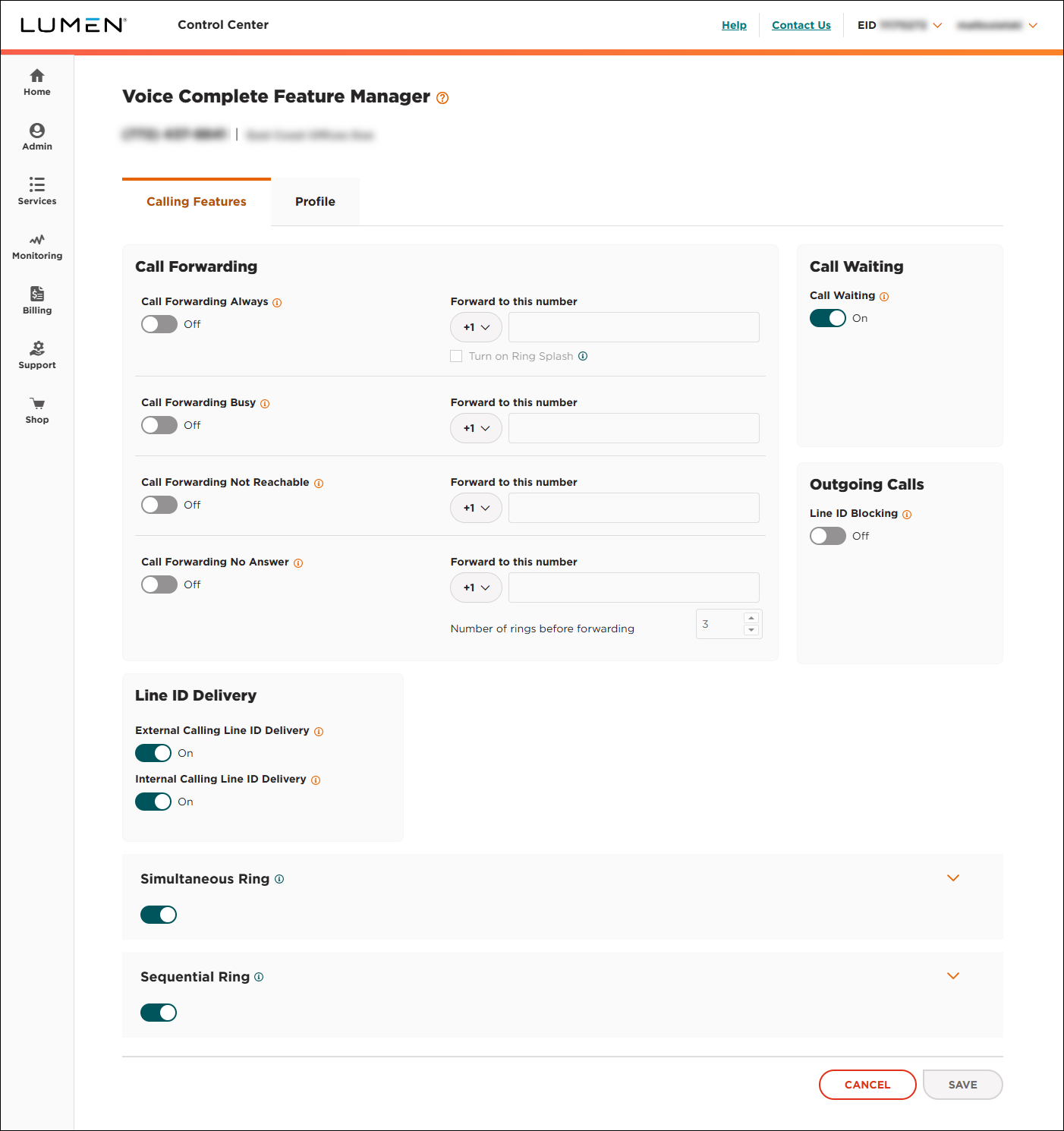 Voice Complete Feature Manager (showing Calling Features tab)