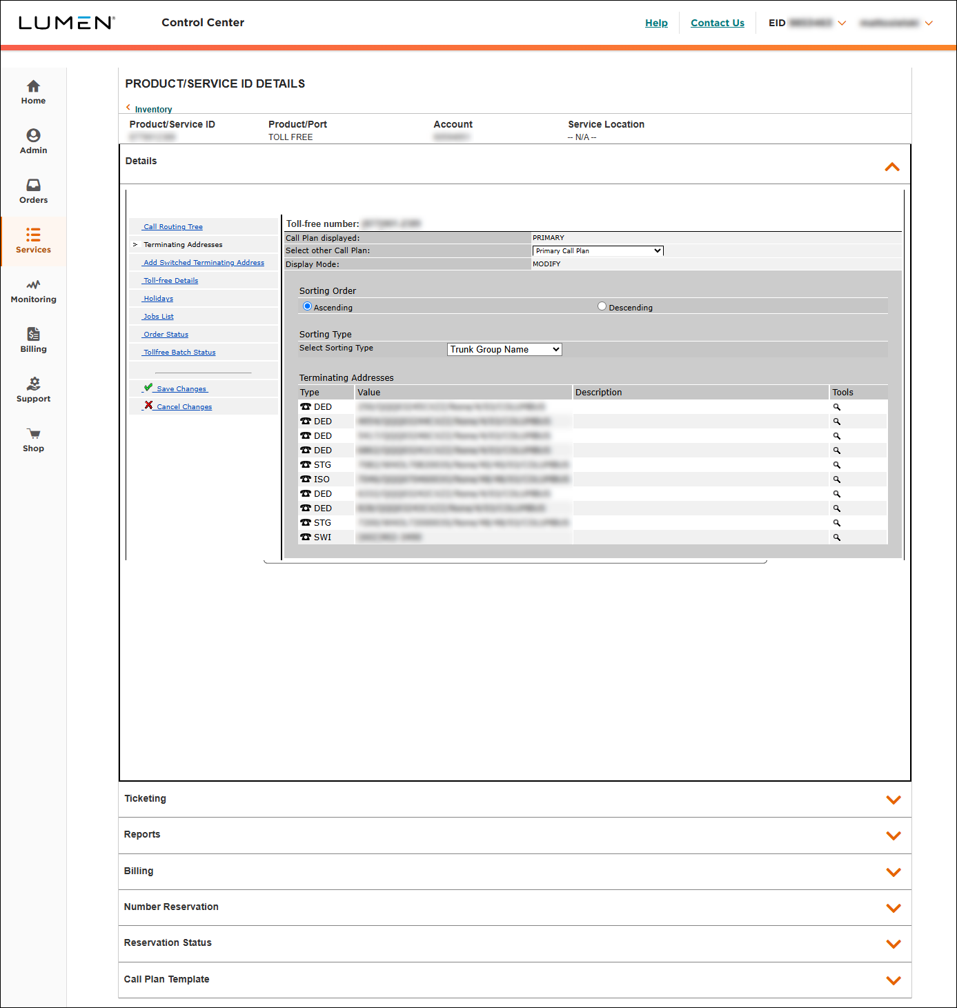  8XX Modify Call Plan tool > Modify mode > Terminating Addresses (dedicated trunk groups)