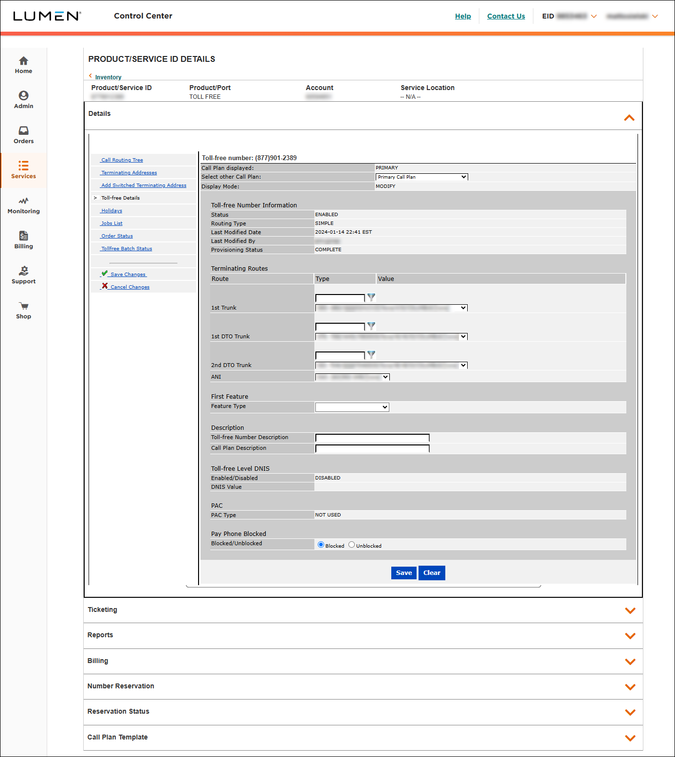 Product/Service ID Details (showing Toll Free Details tab)