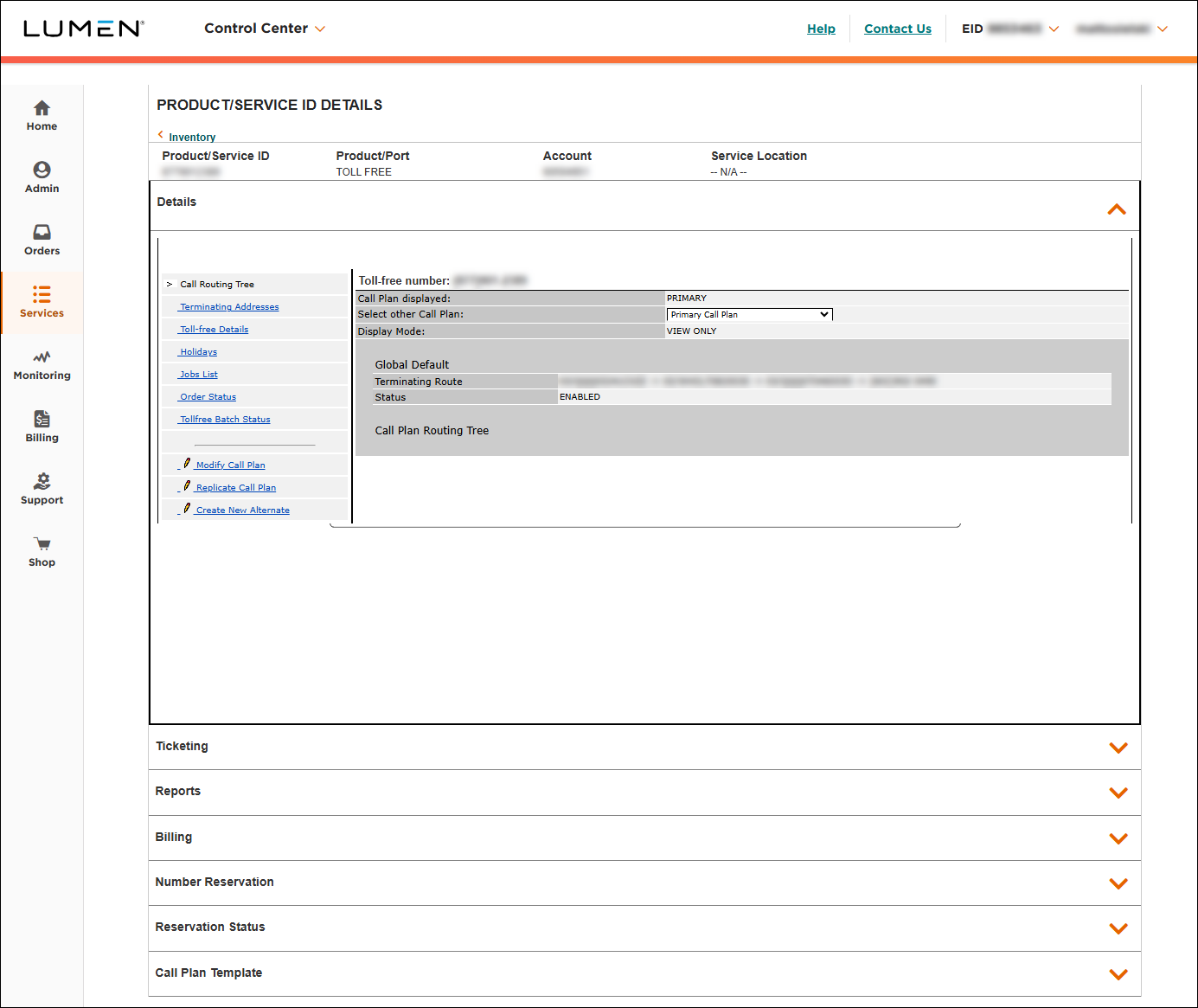 Product/Service ID Details (showing Toll Free View/Modify Call Plan)