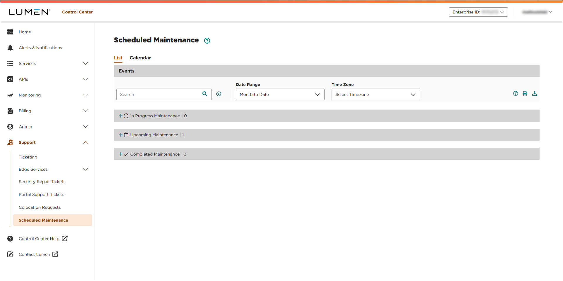 Scheduled Maintenance (showing List view)