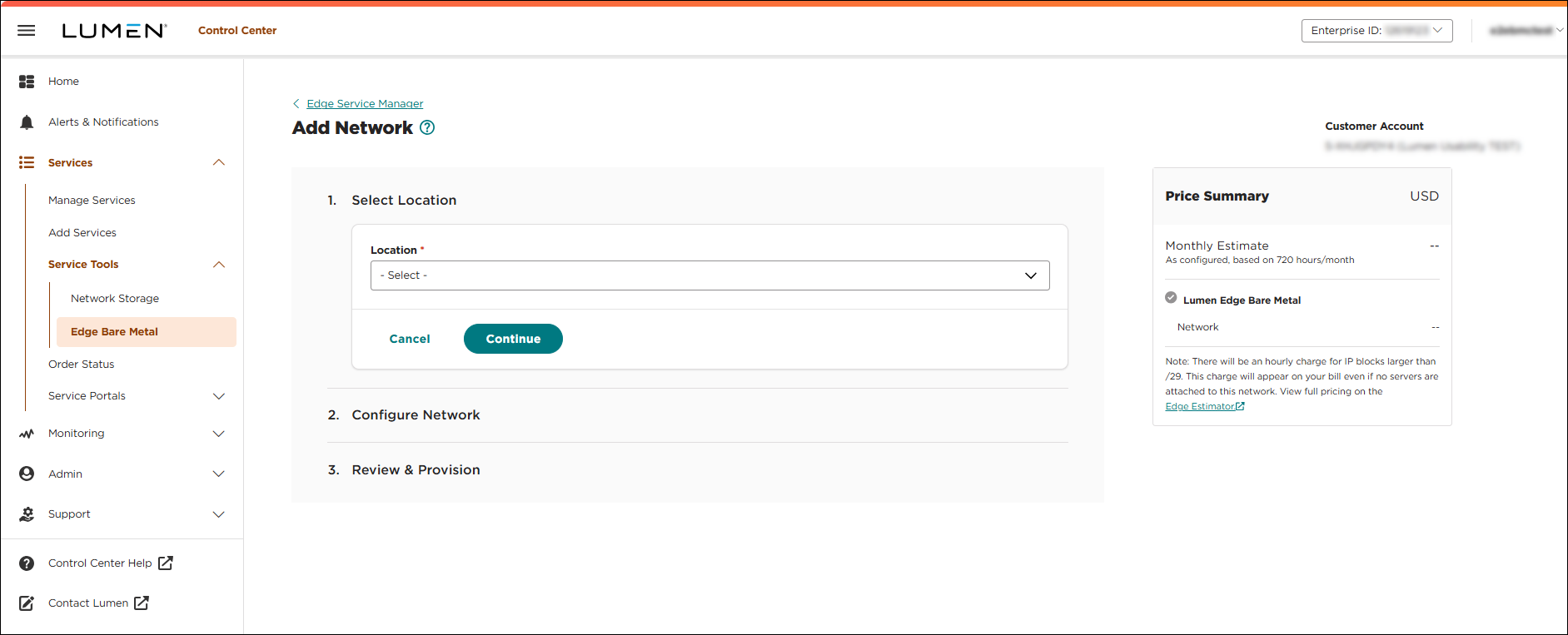 Edge Service Manager add network select location view