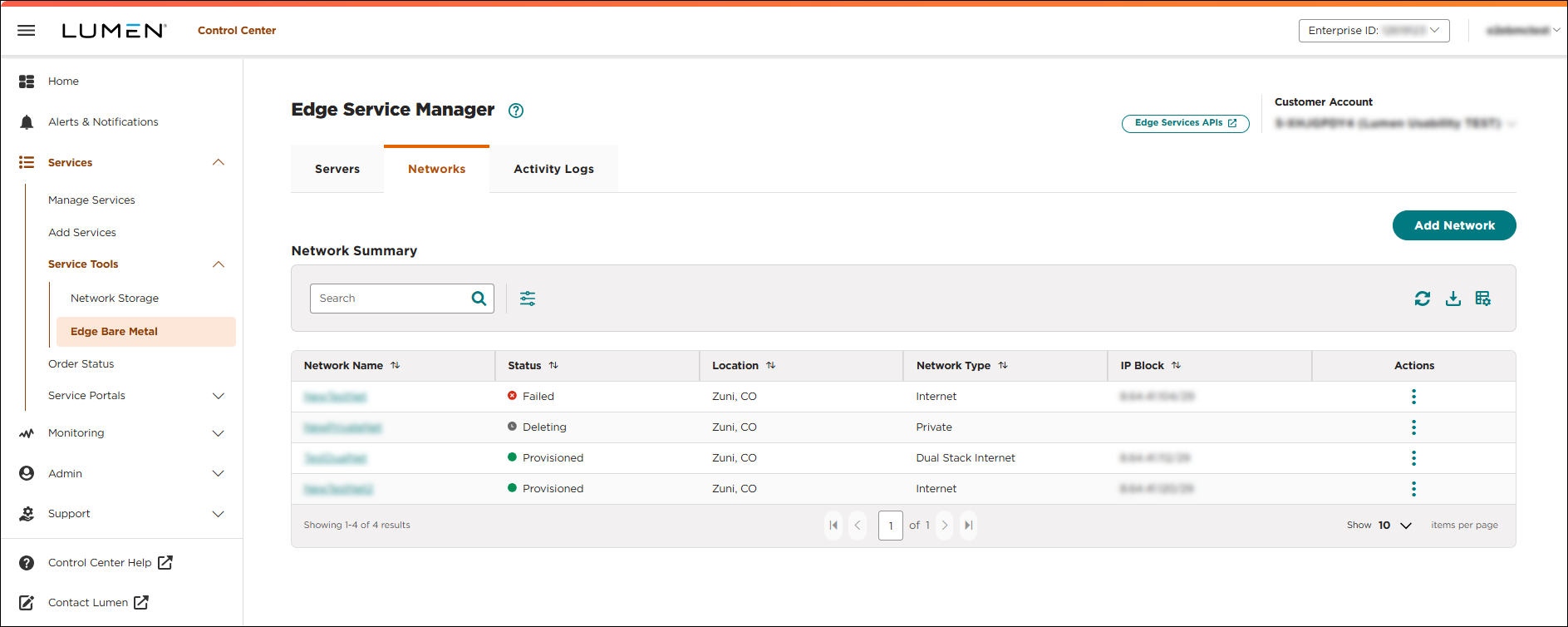 Edge Service Manager (showing Networks tab)
