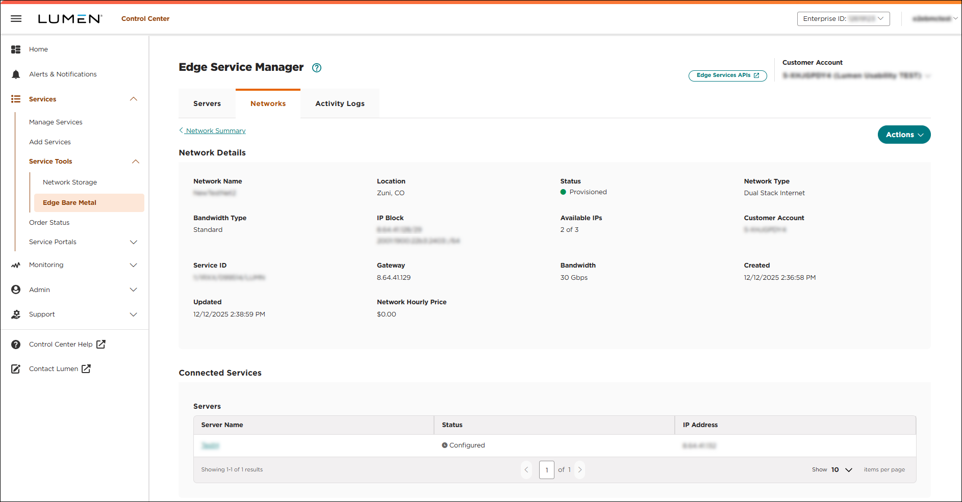 Edge Service Manager (showing network details)
