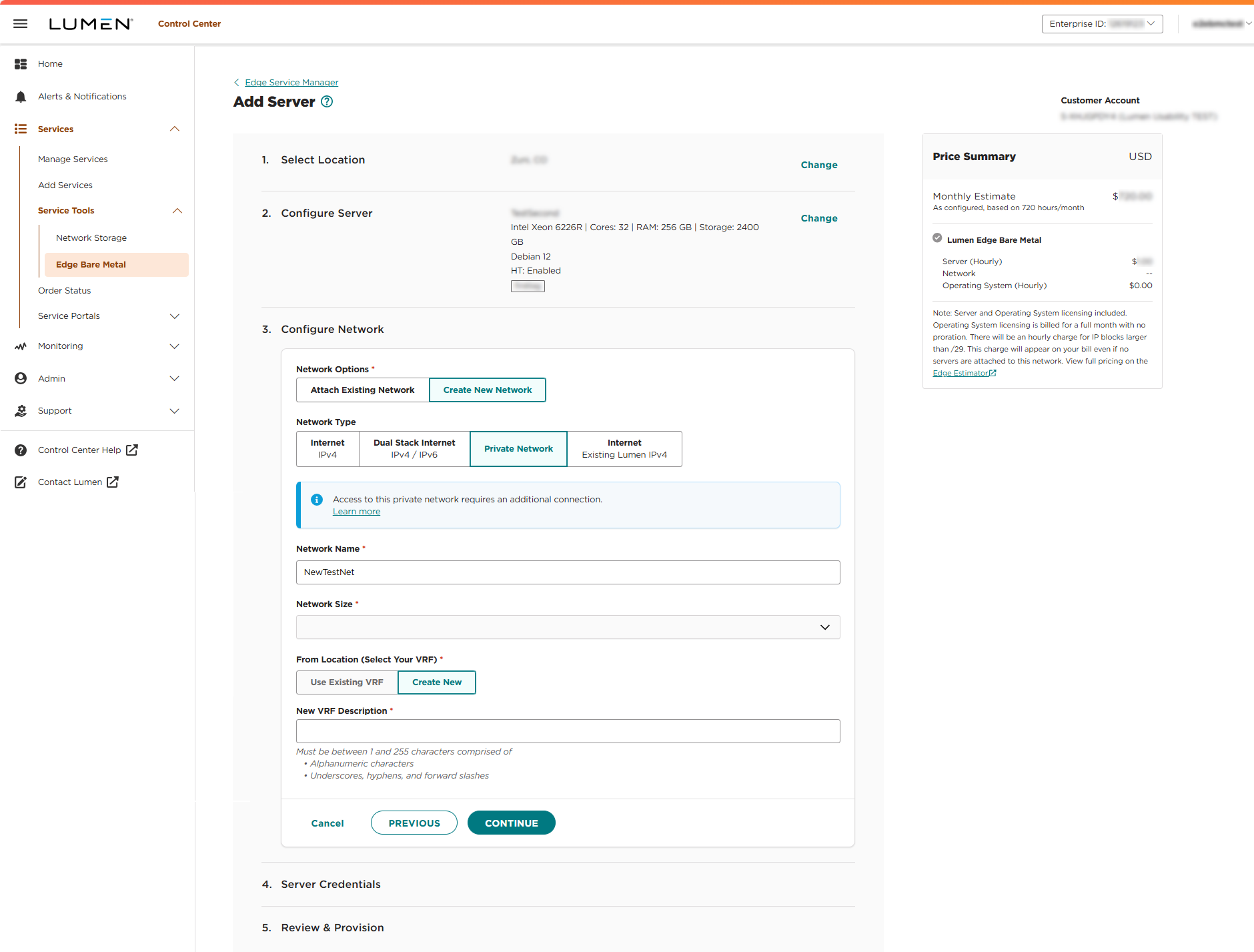 Edge Service Manager add server showing configure network view