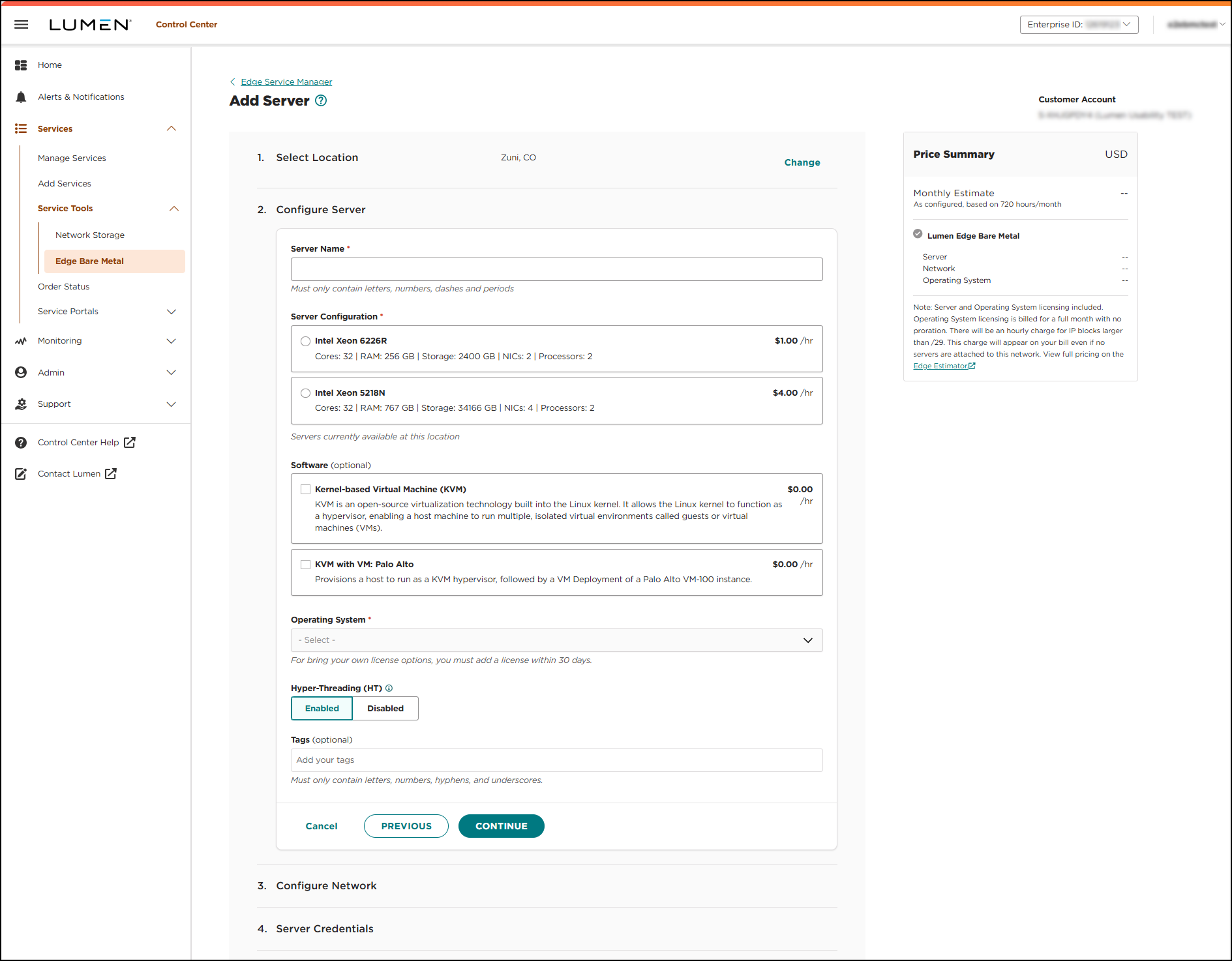 Edge Service Manager add server showing configure server view