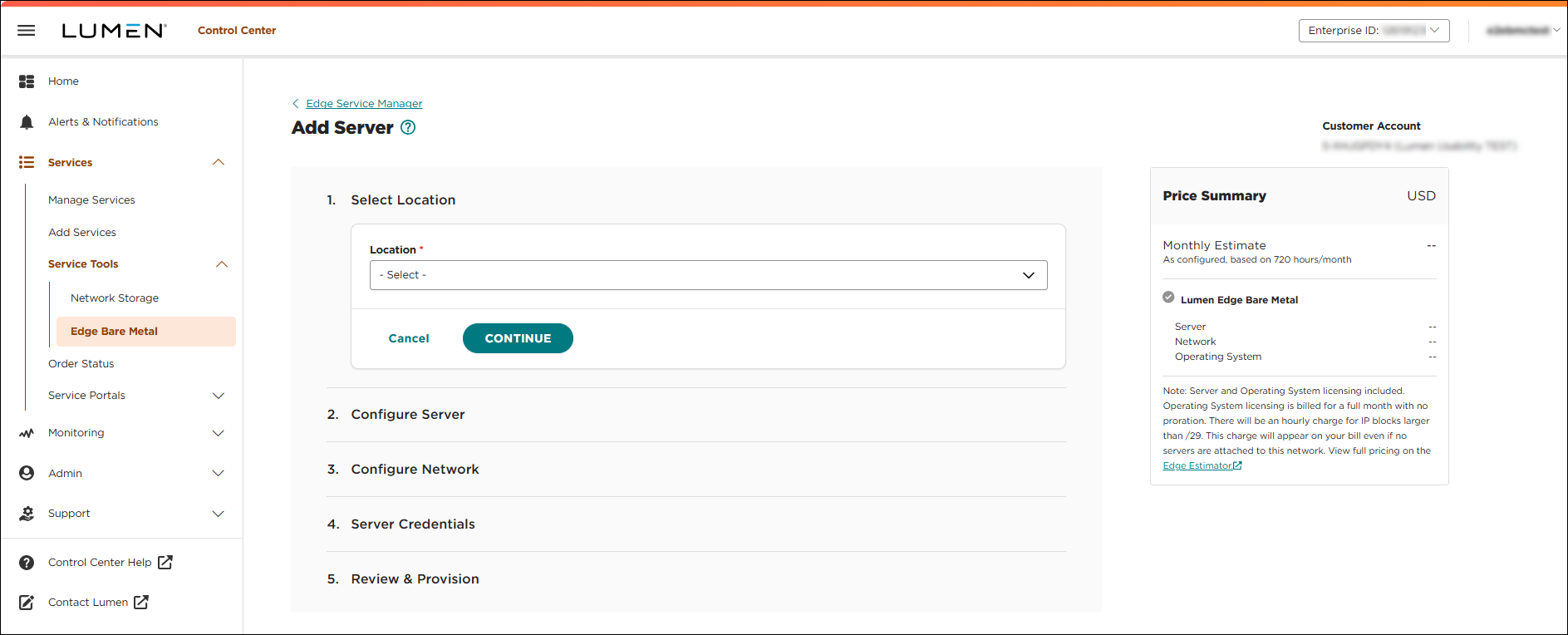Edge Service Manager add server showing select location view