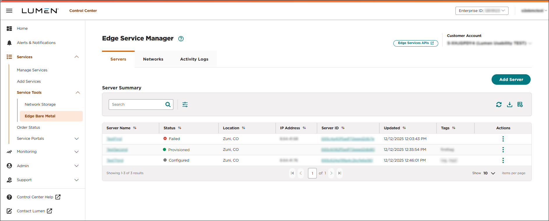 Edge Service Manager (showing Servers tab)