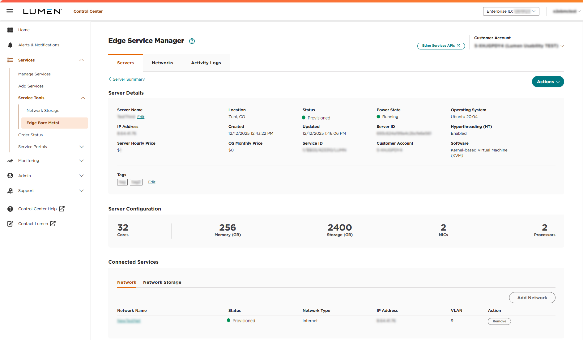 Edge Service Manager (showing server details)