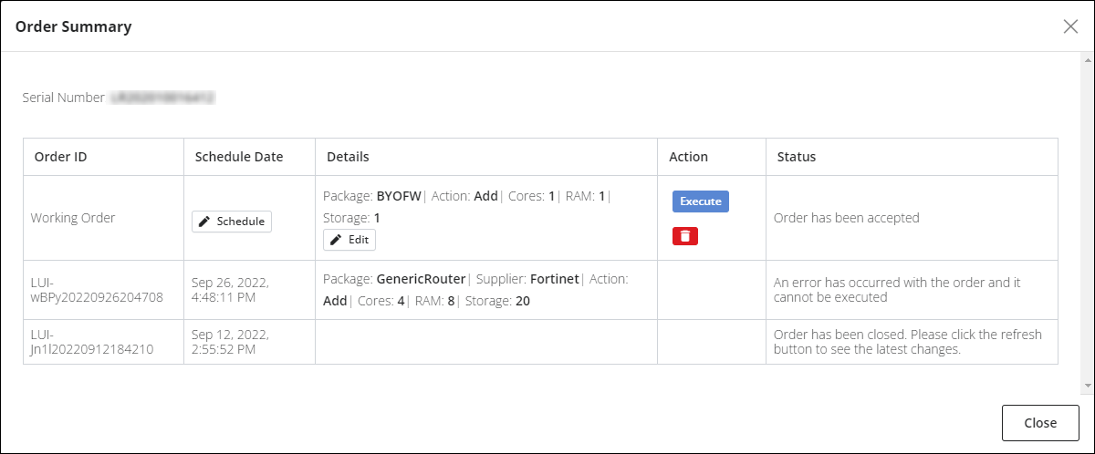 Order Summary window.