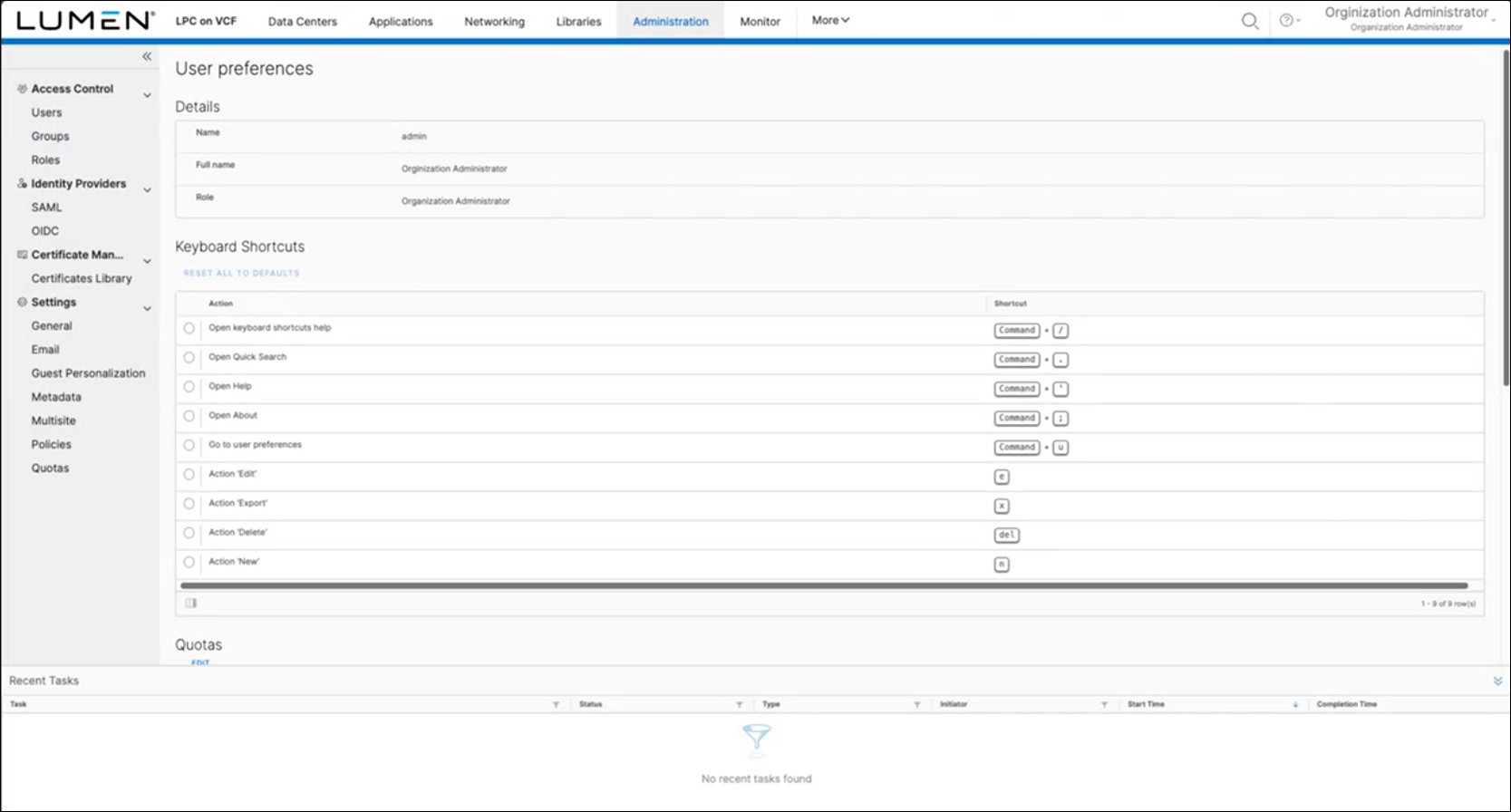 LPC on VCF Administration screen view showing user preferences
