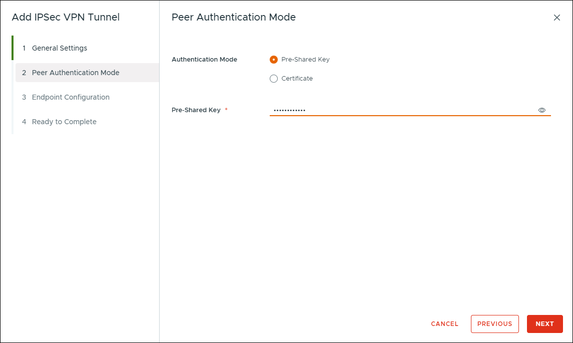 Add IPSec VPN Tunnel window showing Peer Authentication Mode