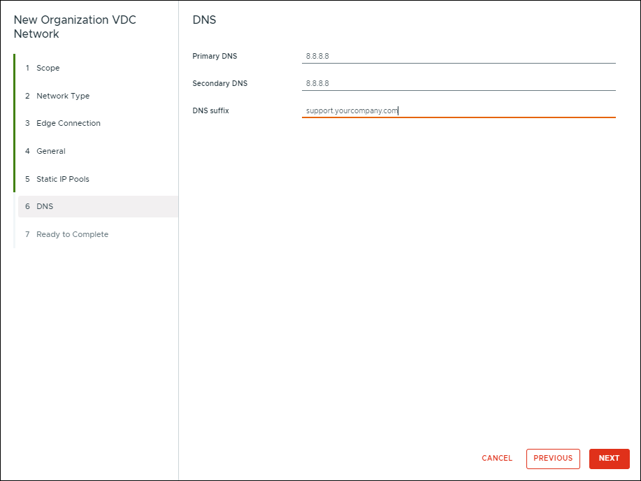New Organization VDC Network window showing DNS