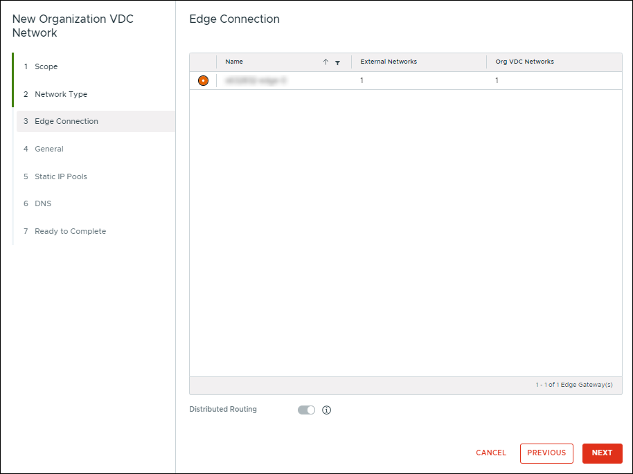 New Organization VDC Network window showing the Edge Connection section.