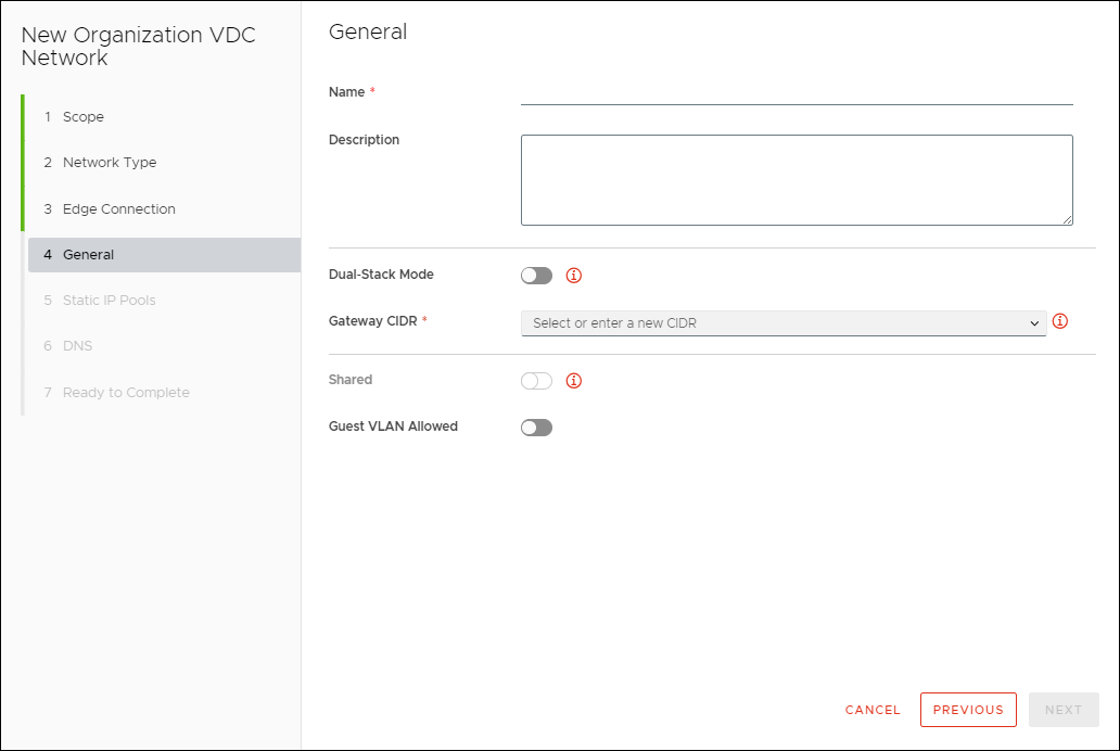 New Organization VDC Network window showing the general section