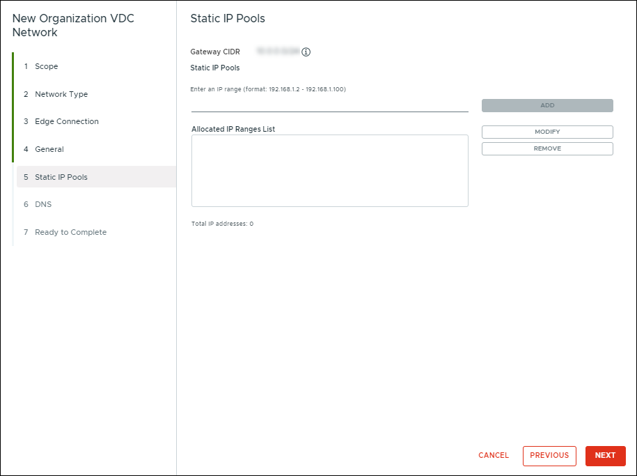 New Organization VDC Network window showing the Static IP Pools section.
