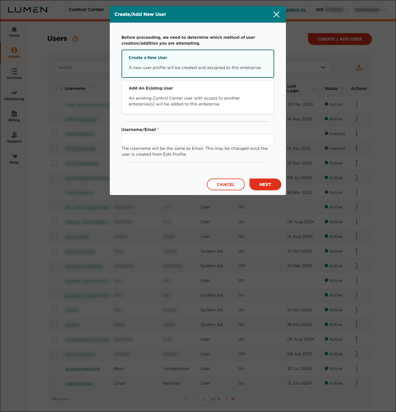 Create/Add User (showing Create New User selected)