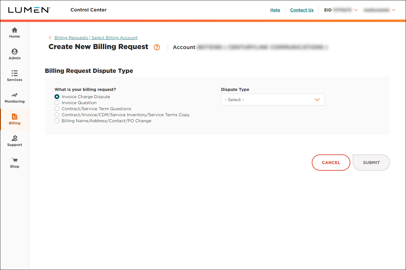 Create New Billing Request (showing billing request dispute types)