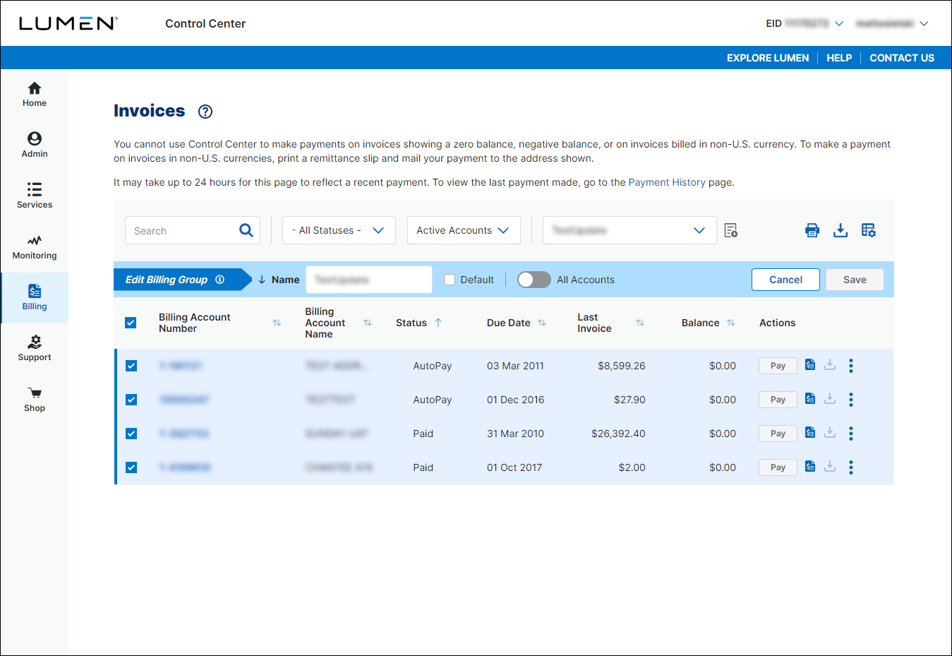 Invoices (showing billing group settings)