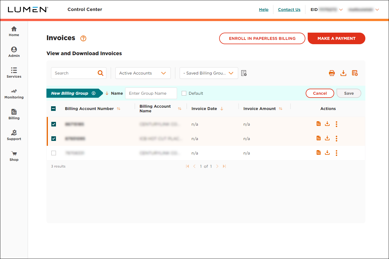 Invoices (showing new billing group)