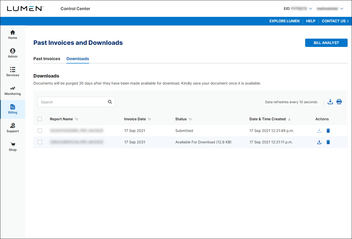 Past Invoices & Downloads (showing Downloads tab)
