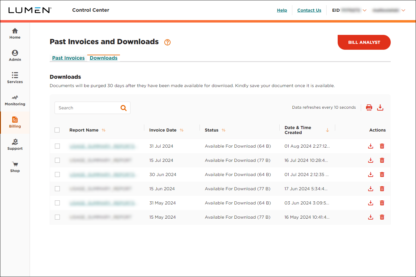 Past Invoices & Downloads (showing Downloads tab)