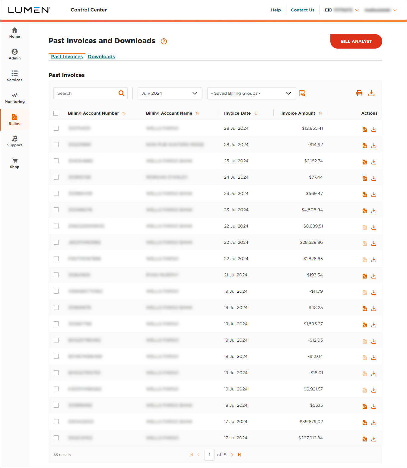 Past Invoices and Downloads (showing Past Invoices tab)