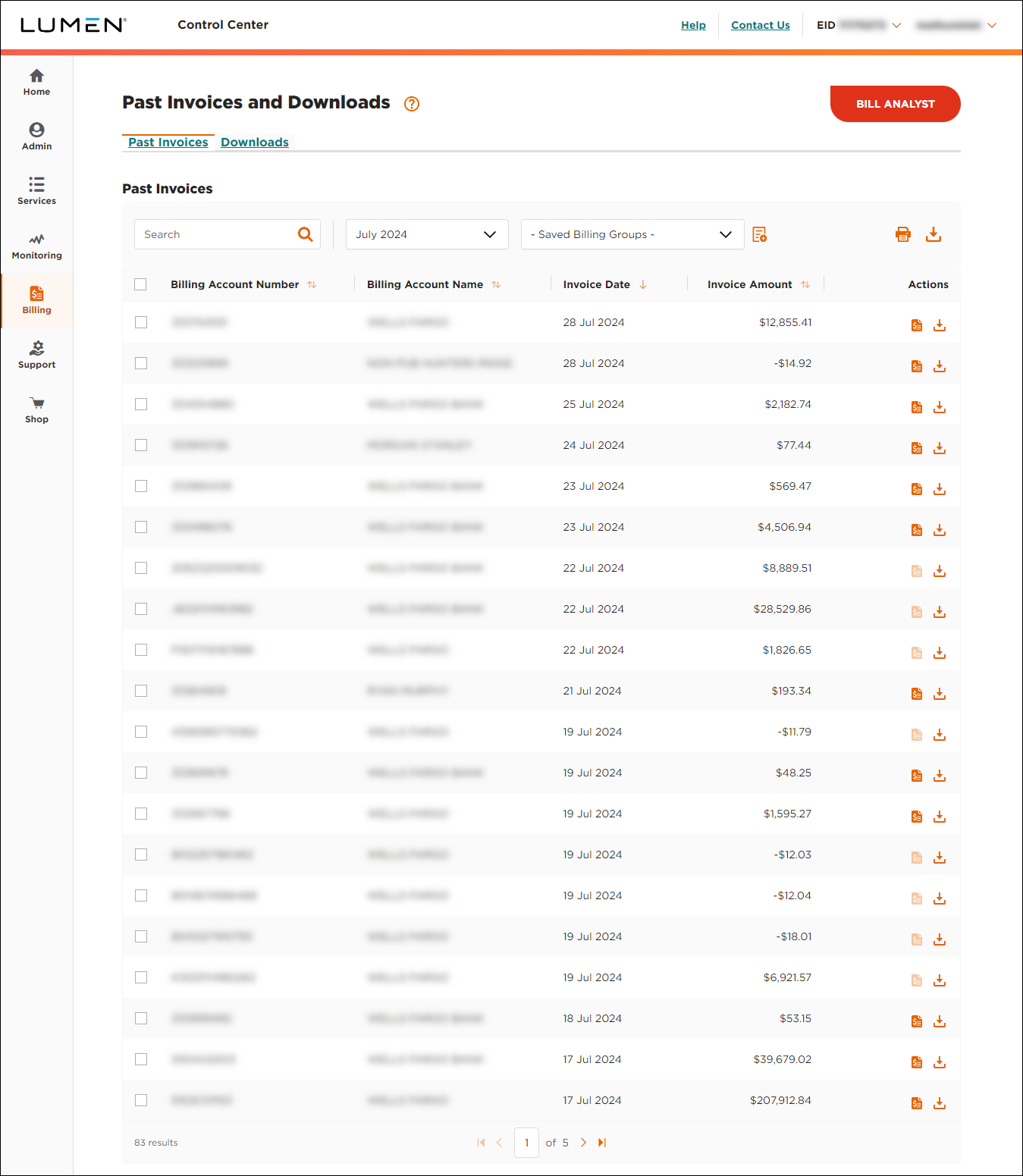 Past Invoices & Downloads (showing Past Invoices tab)