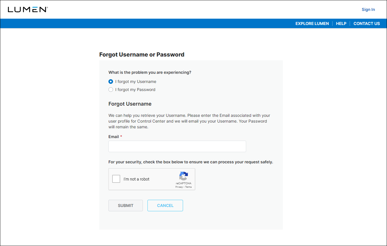 Forgot Username or Password (showing Forgot Username selected)