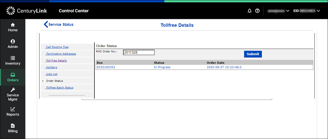  8XX Modify Call Plan tool > submitted > order status in progress