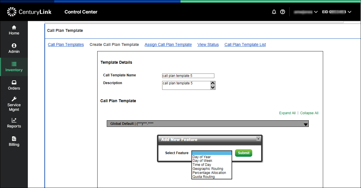 whsl inventory tfn call plan template create new global default add new feature select feature