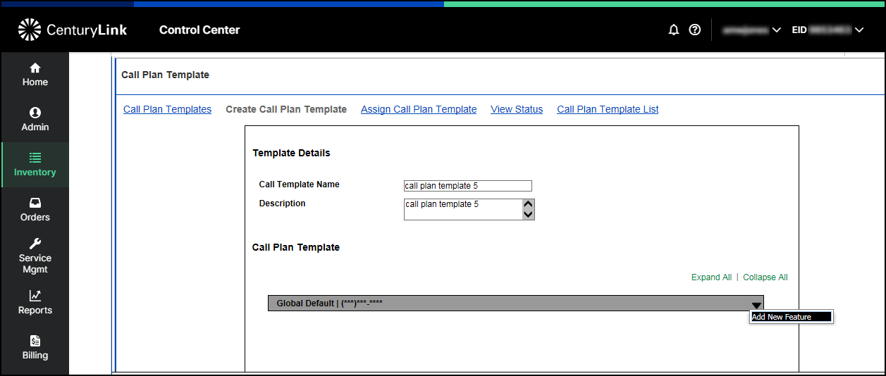whsl inventory tfn call plan template create new global default add new feature