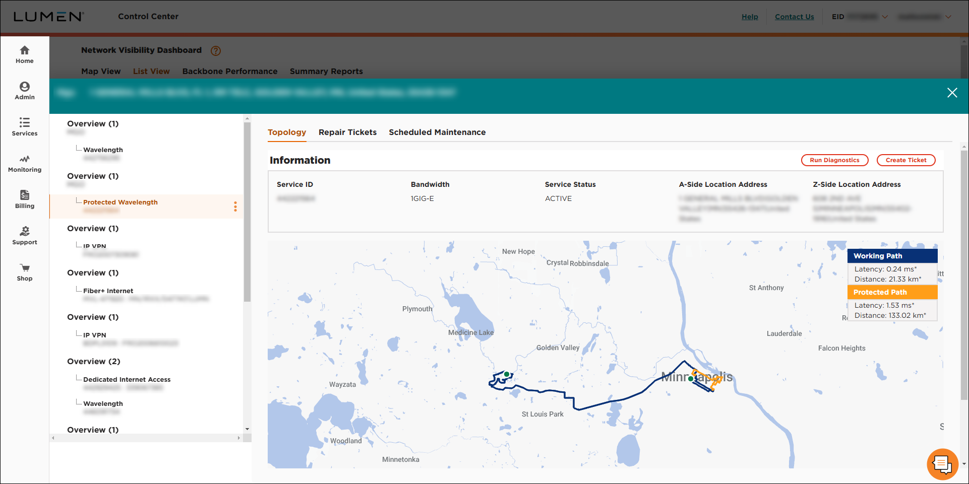 Network Visibility (showing the Topology tab for a protected wavelength service)