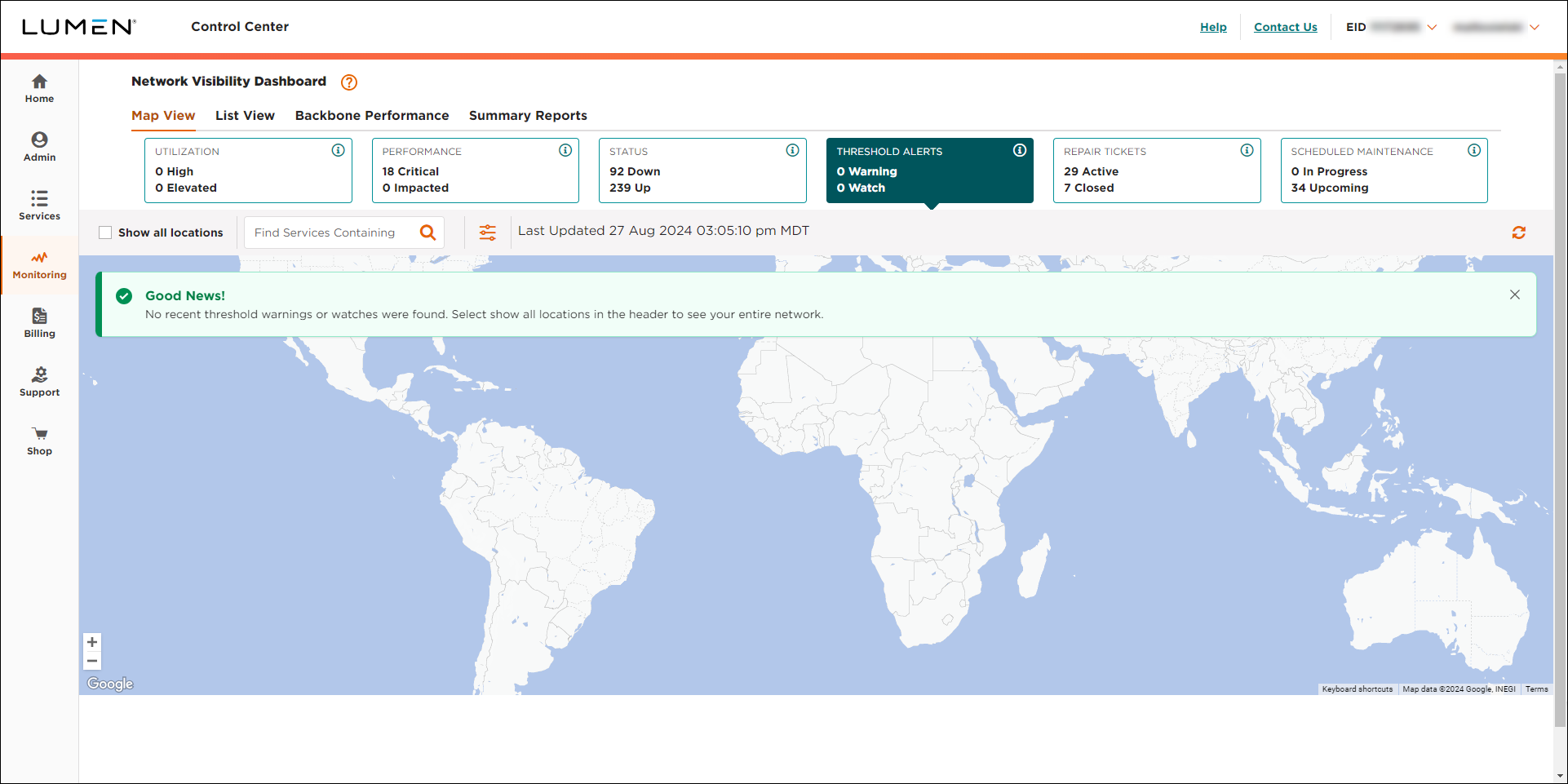 Network Visibility (showing Threshold Alerts tile)