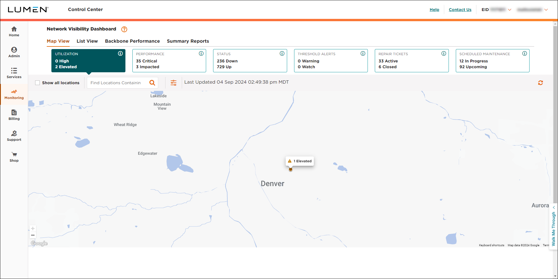 Network Visibility (showing Map View tab and Utilization KPI)