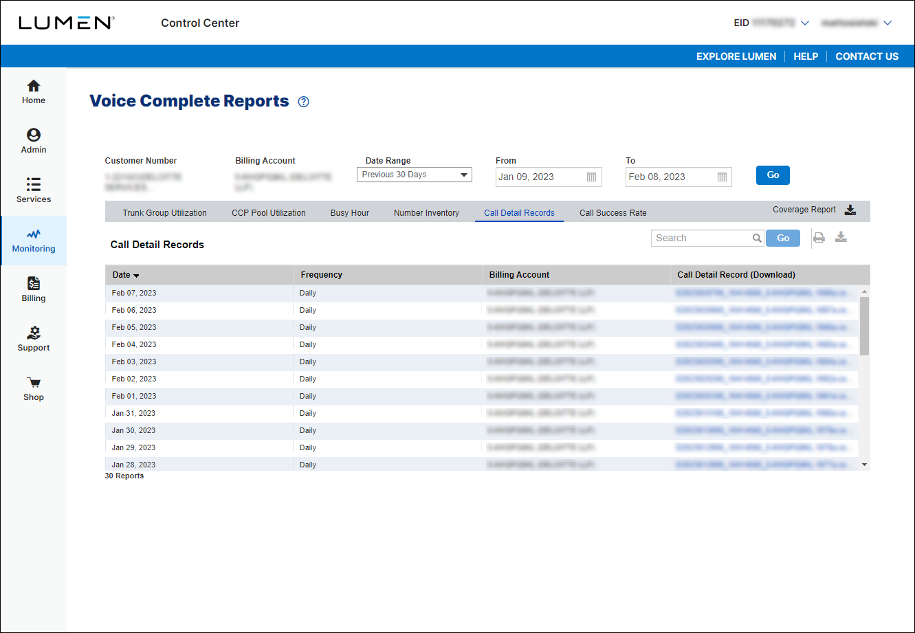 Voice Complete Reports (showing Call Detail Records)