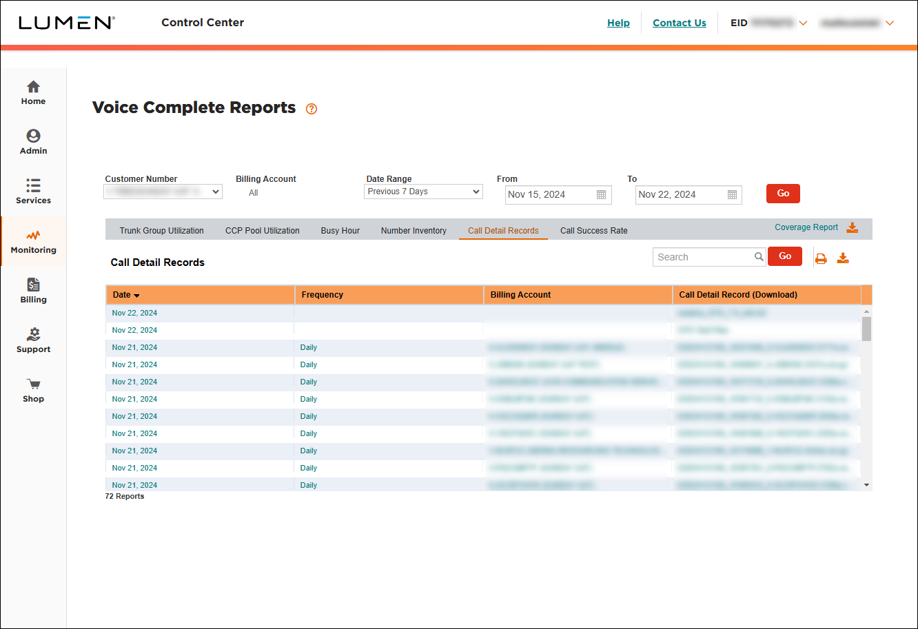 Voice Complete Reports (showing Call Detail Records)