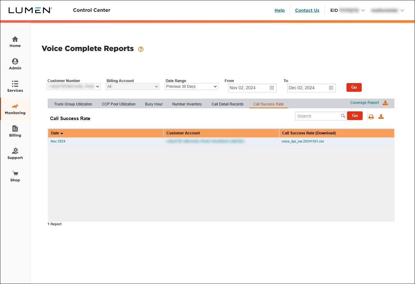 Voice Complete Reports (showing Call Success Rate)