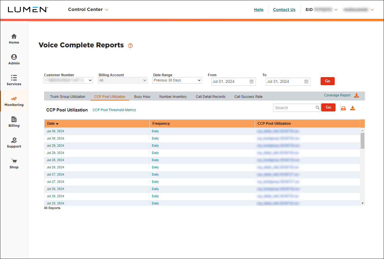 Voice Complete Reports (showing CCP Pool Utilization tab)