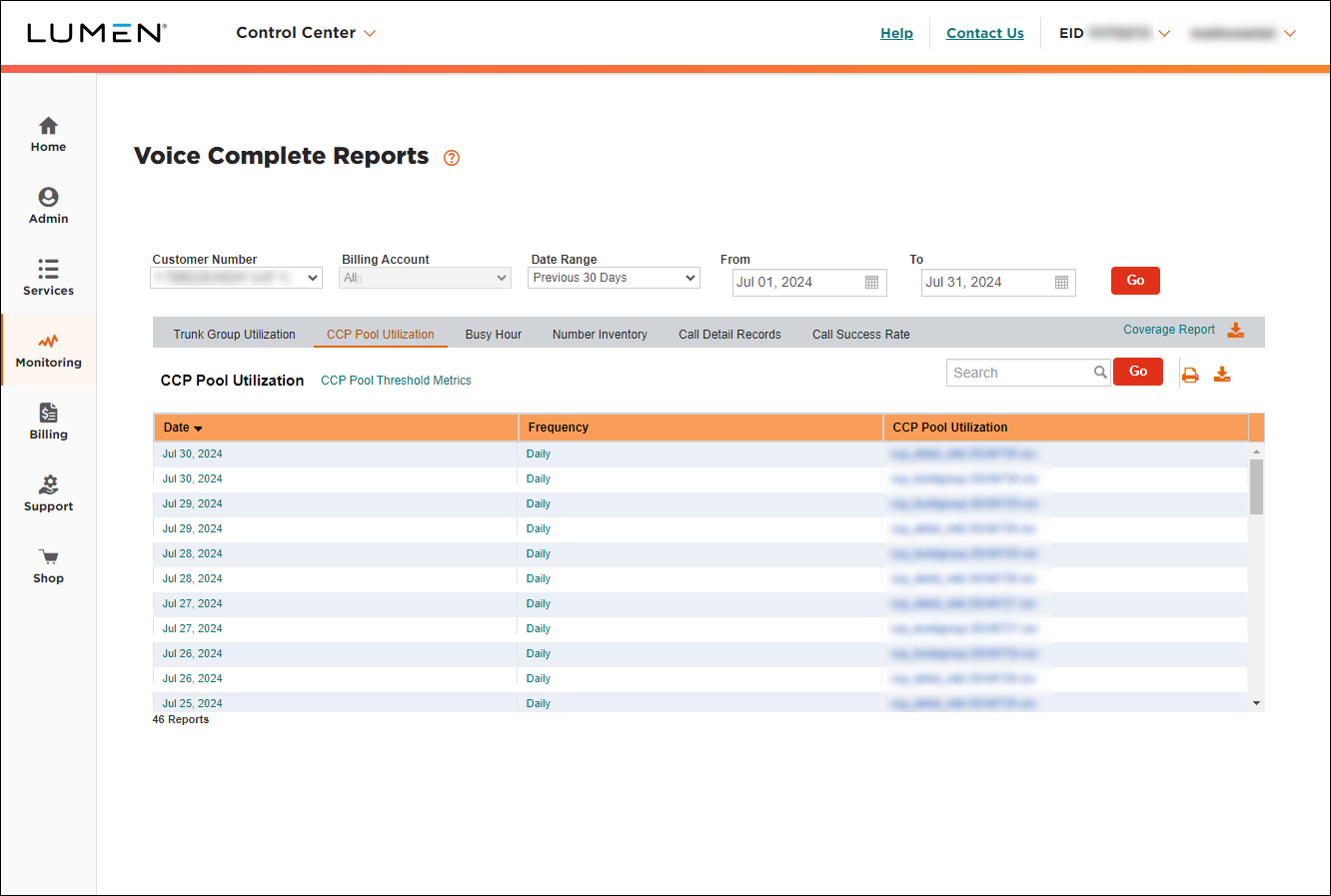 Voice Complete Reports (showing CCP Pool Utilization)