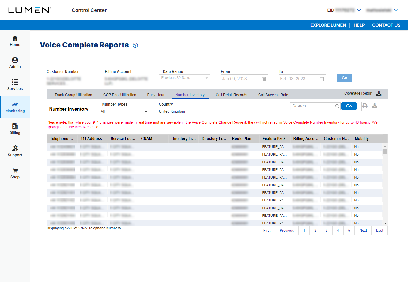 Voice Complete Reports (showing Number Inventory)