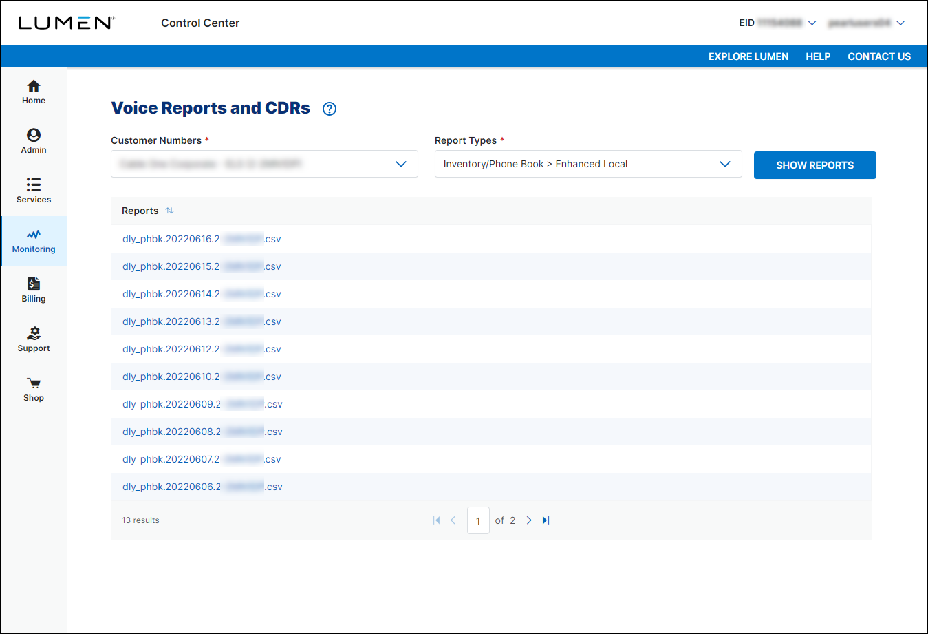 Voice Reports and CDRs (showing downloadable reports)