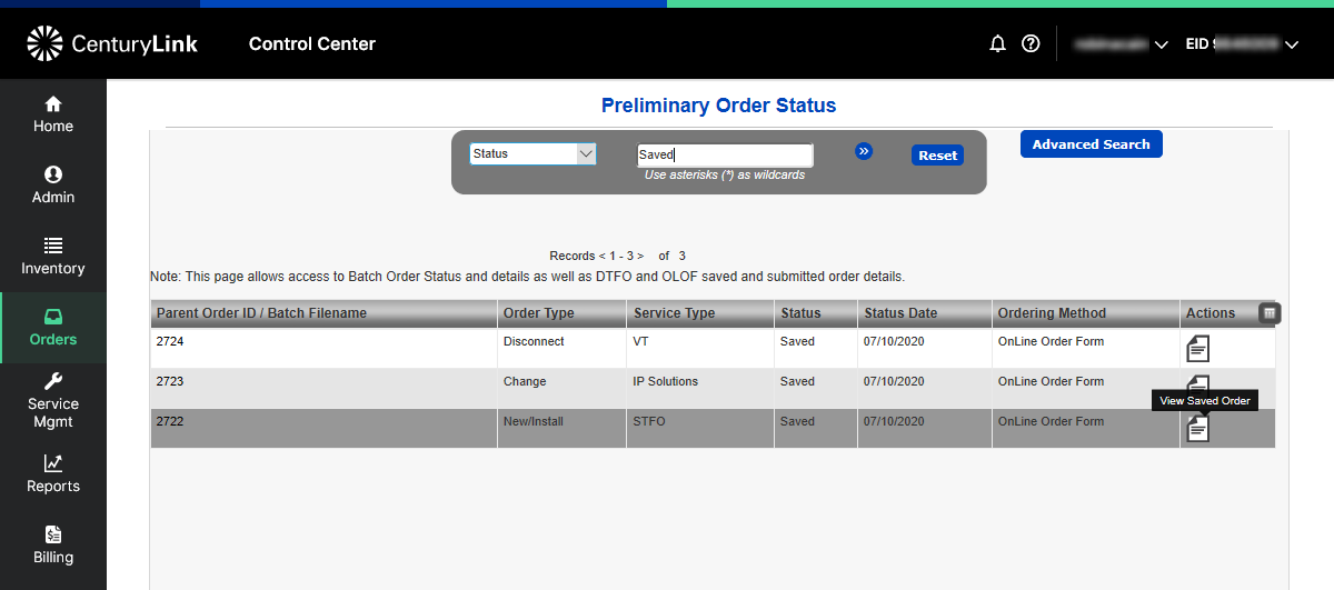 order status order status preliminary order status saved