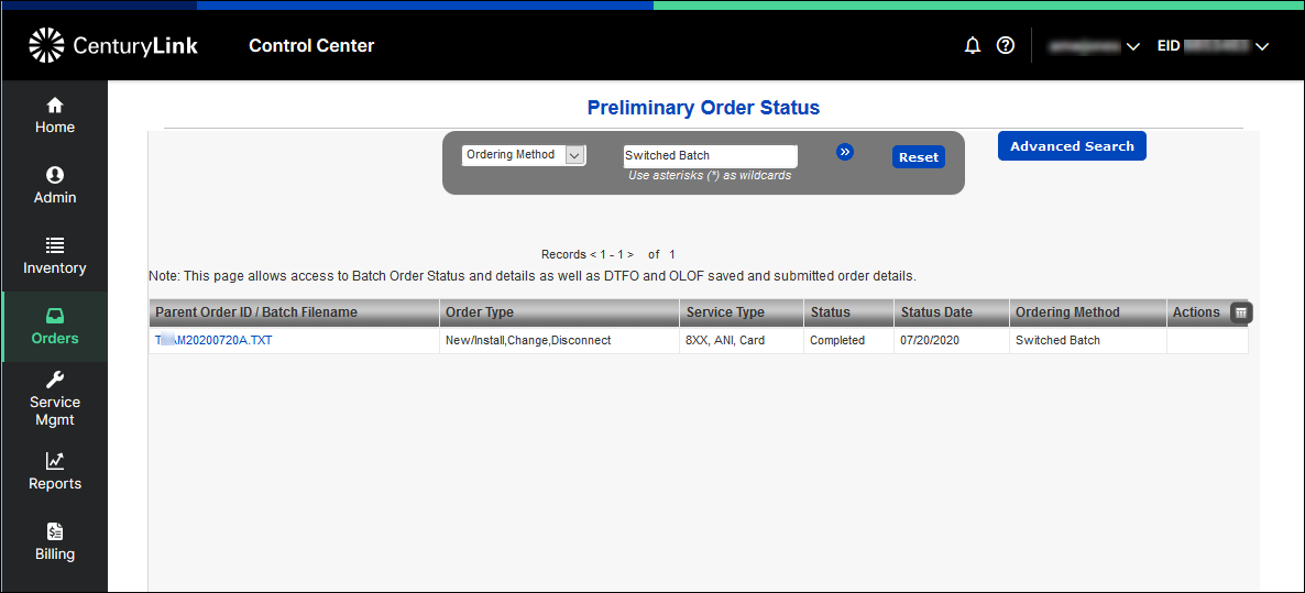 order status preliminary order status search switched batch example